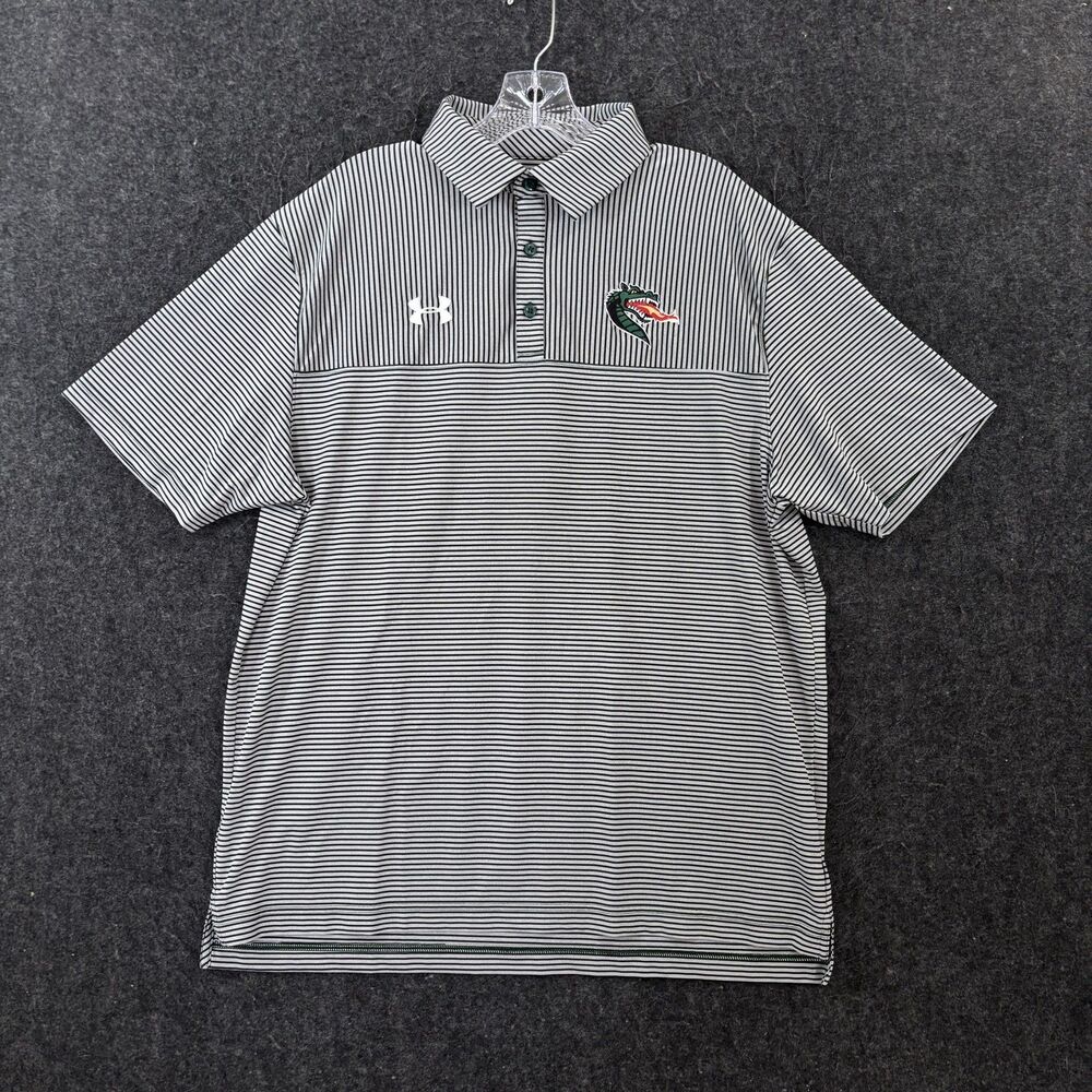 UAB Blazers Polo Shirt Men's Large Green Gray Striped Under Armour HeatGear